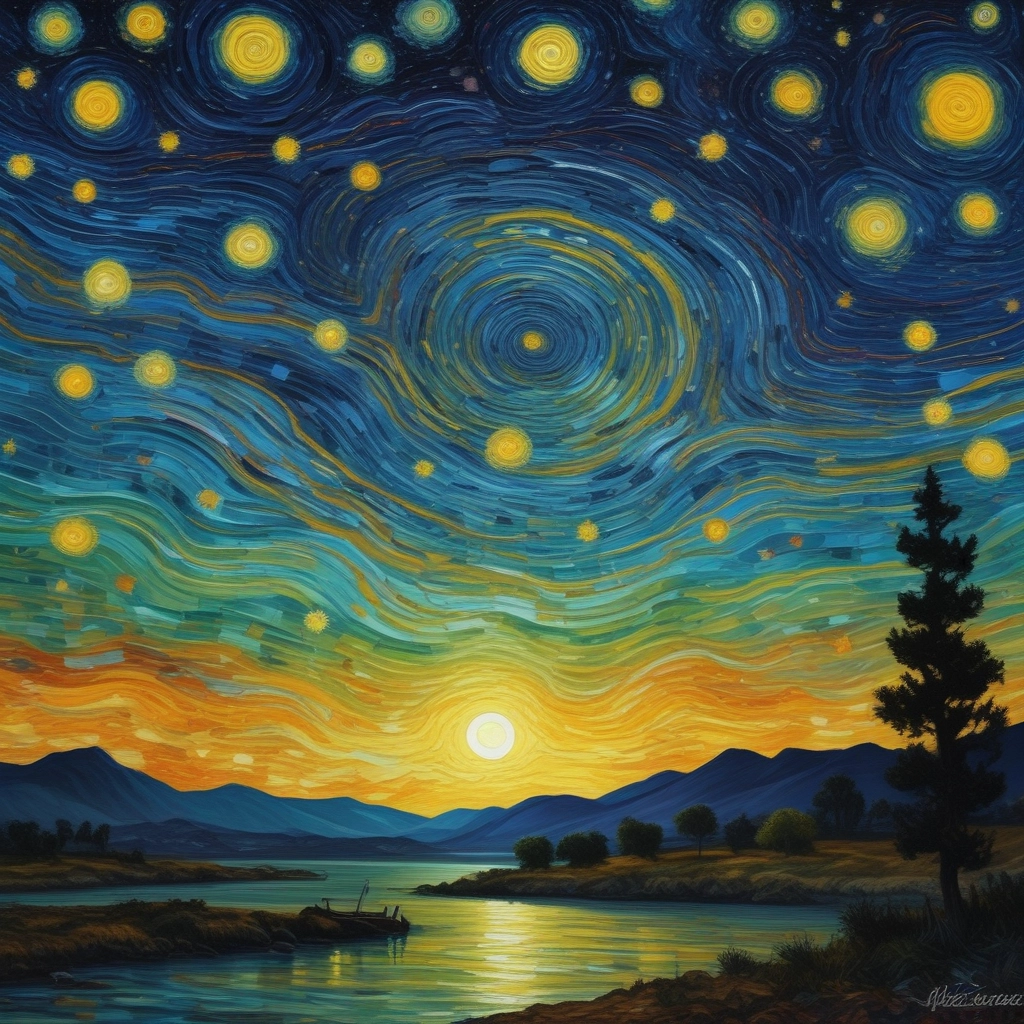 AI-generated image of a scene that resembles Van Gogh's Starry Night painting